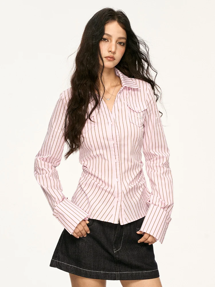 

Aaisup American Sle Color Blo Stripe Waist Cinching irt Women's Slim Fit Faionable Slimming Versatile Long Sve irt