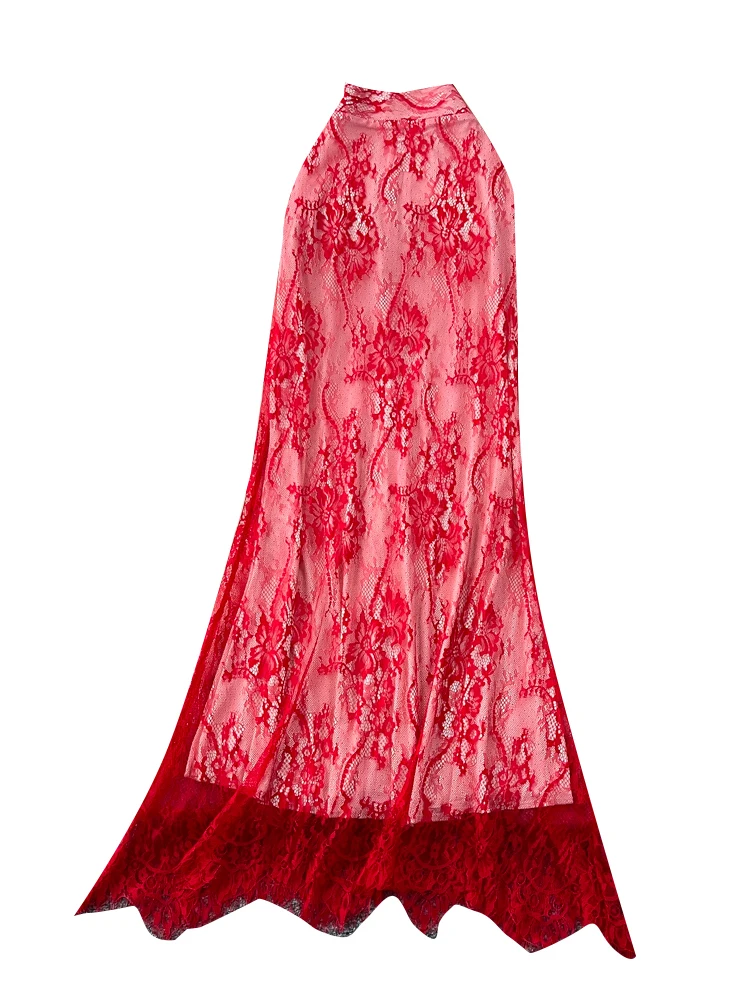 Gonna a trapezio a vita alta con giunture in pizzo coreano Sle Abito lungo in rete da donna Ele f-lunghezza Pendolarismo Chic Sle