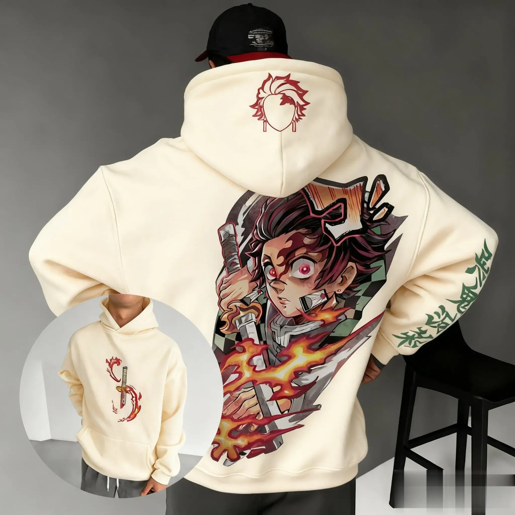 

Новинка 2026, толстовка с капюшоном в стиле аниме, уличная одежда, косплей, большой повседневный пуловер, толстовка с рисунком «Убийца демонов», мужские и женские топы с длинными рукавами