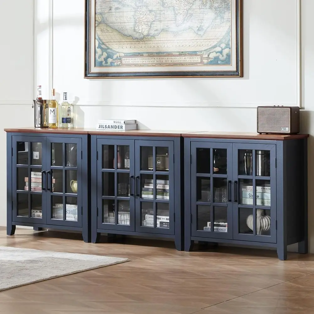 

Navy Blue 32 Large Sideboard Buffet Cabinet with Glass Doors for Kitchen, Coffee, Wine Bar, and Dining Area (Set of 3)