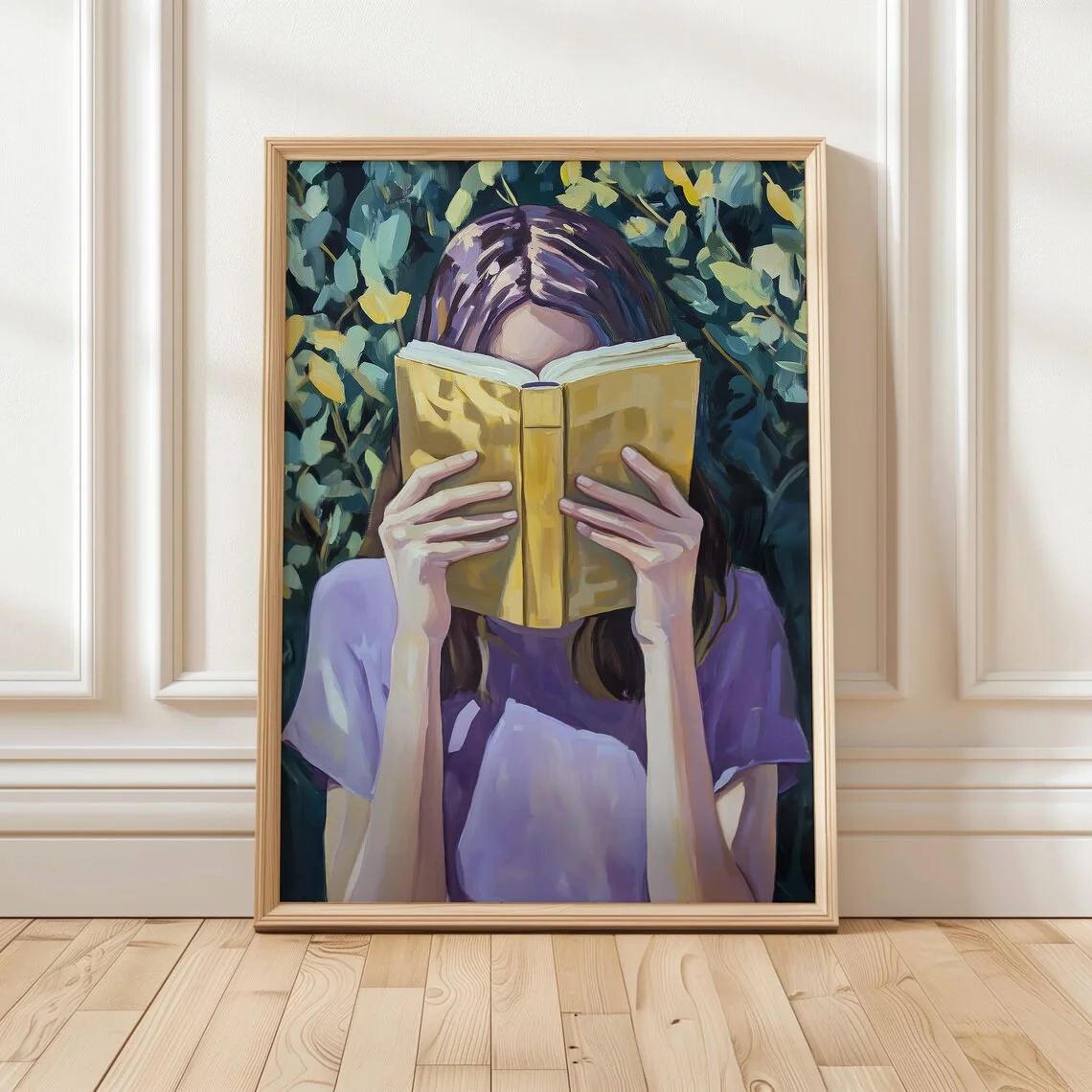 Frau liest ein Buch Kunstdruck |   Wanddekoration für Buchliebhaber |   Digitale Kunst für Bücherwürmerinnen |   Literarische Wandkunst |   Gemütliche Leseecke mit Druckmotiv