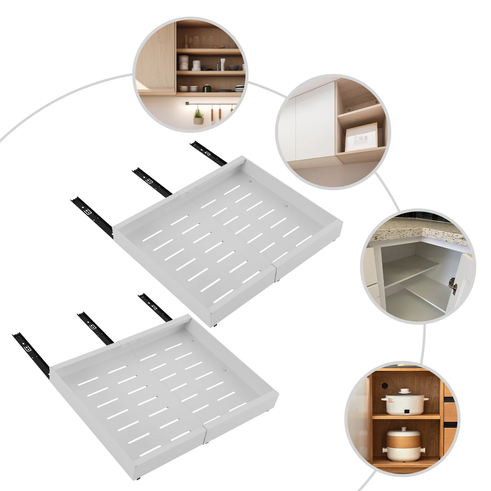 2-teiliger ausziehbarer Metall-Schrankorganizer, 42 cm Schiebeorganizer mit mehreren Lüftungsöffnungen, 10-15 kg Tragkraft, für Küche, Speisekammer, Badezimmer