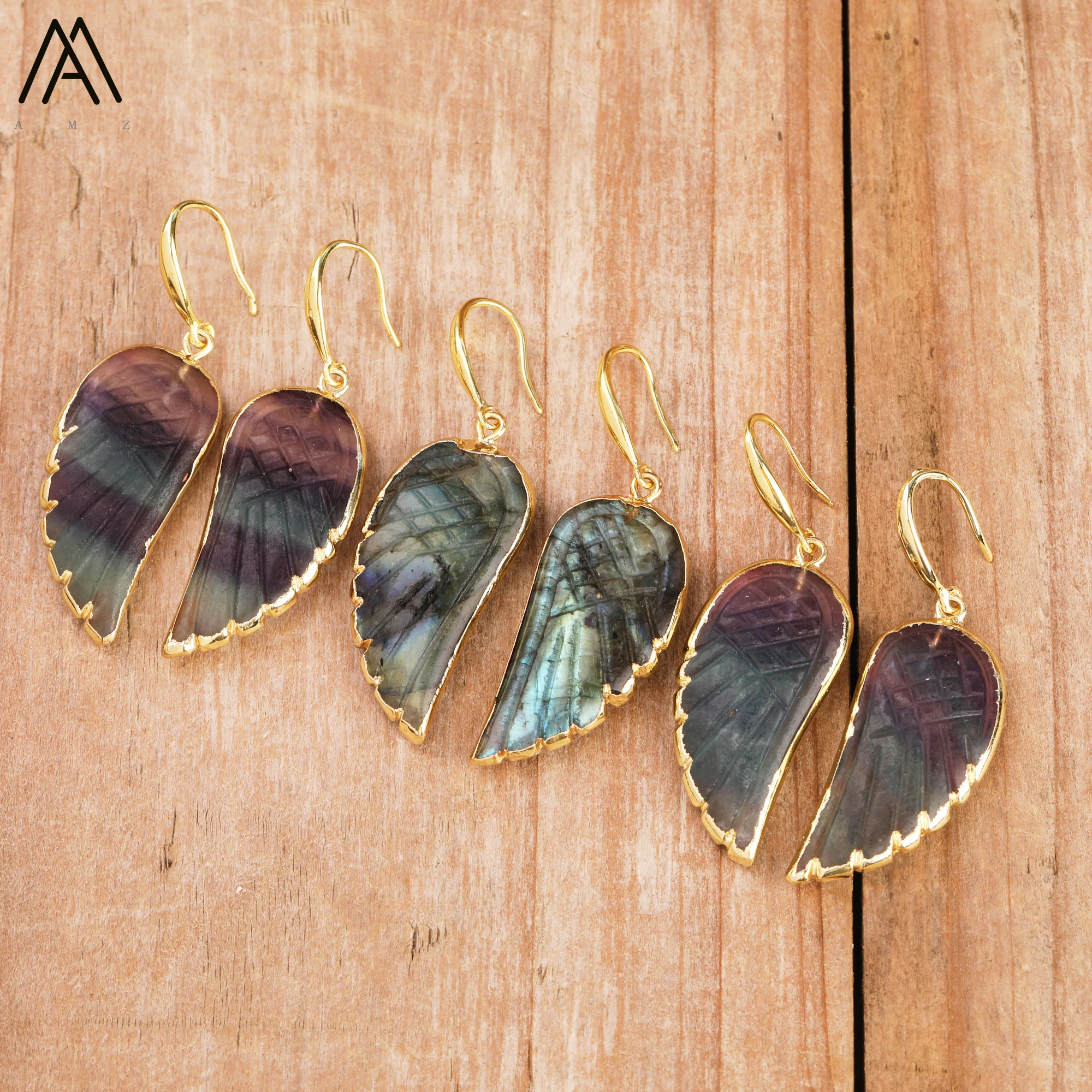 Luxury Flash Labradorite Angel Wings Dangle Earrings Women Rainbow Fluorite Hook Earrings Elegant Party Wedding Jewelry Gifts