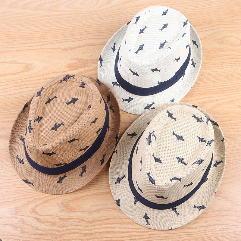 Sun Hats Men Women Kids Boy Fedora Hat 2024 Summer Paper Fish Print Short Sleeve Casual  Jazz Top Beach Sun Cap