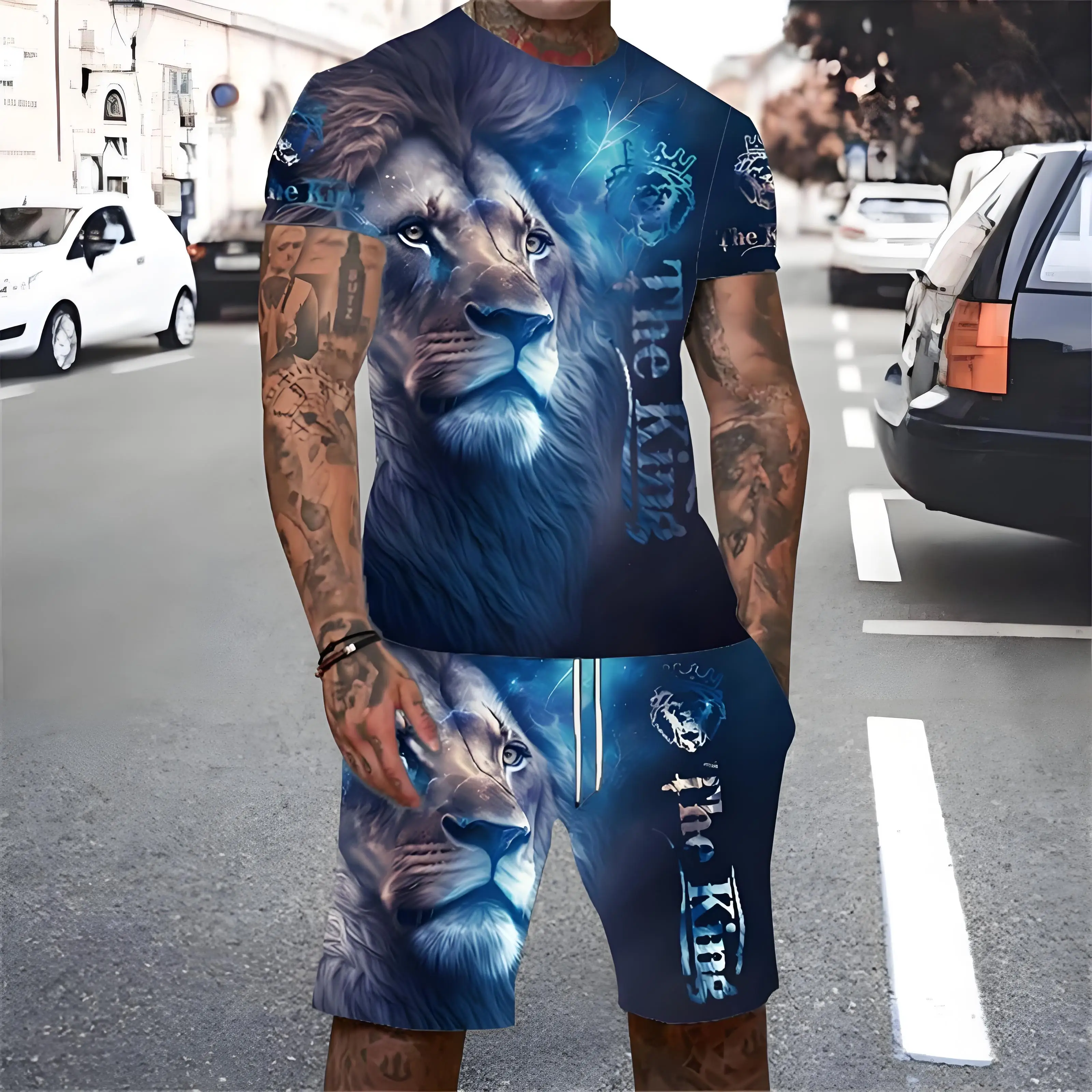 

Trendy Lion Graphic Short Sleeve Top Drawstring Shorts Set Summer T-shirt Pocket Shorts 2-piece Set New Oversized Men's Clothing