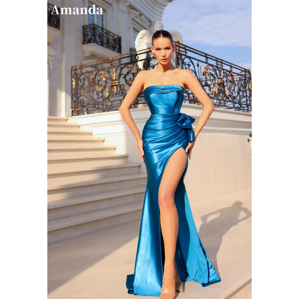 

Amanda Sexy Blue Mermaid Satin Party Dress Strapless Sleeveless Floor-Length Evening Dresses Side Splite vestidos de fiesta 2024