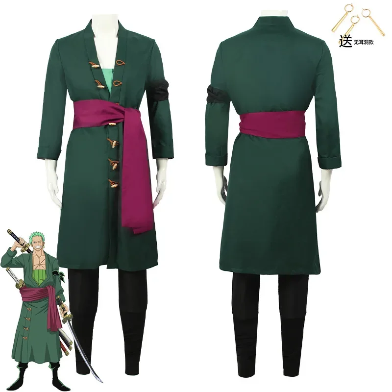 Disfraz de Roronoas para Cosplay, Kimono de Anime, bata Zoro, uniforme de capa, trajes de Halloween Con pendientes para cómic