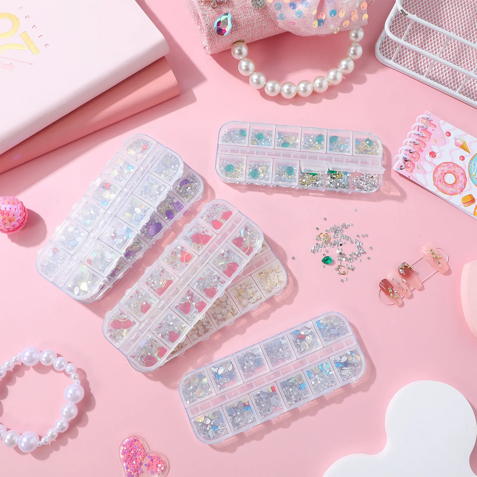 

6 Box 12 Grids Strip Rhinestone Nail Art Decorations for DIY Manicure Natural False Nails Glass Pearl Mixed Style Shiny Nail