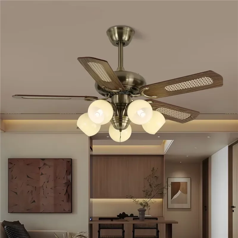 Traditional Farmhouse Classic 5 Heads Glass Shade ABS Blades Ceiling Fan Light for Living Room Bedroom Hotel Home Decor