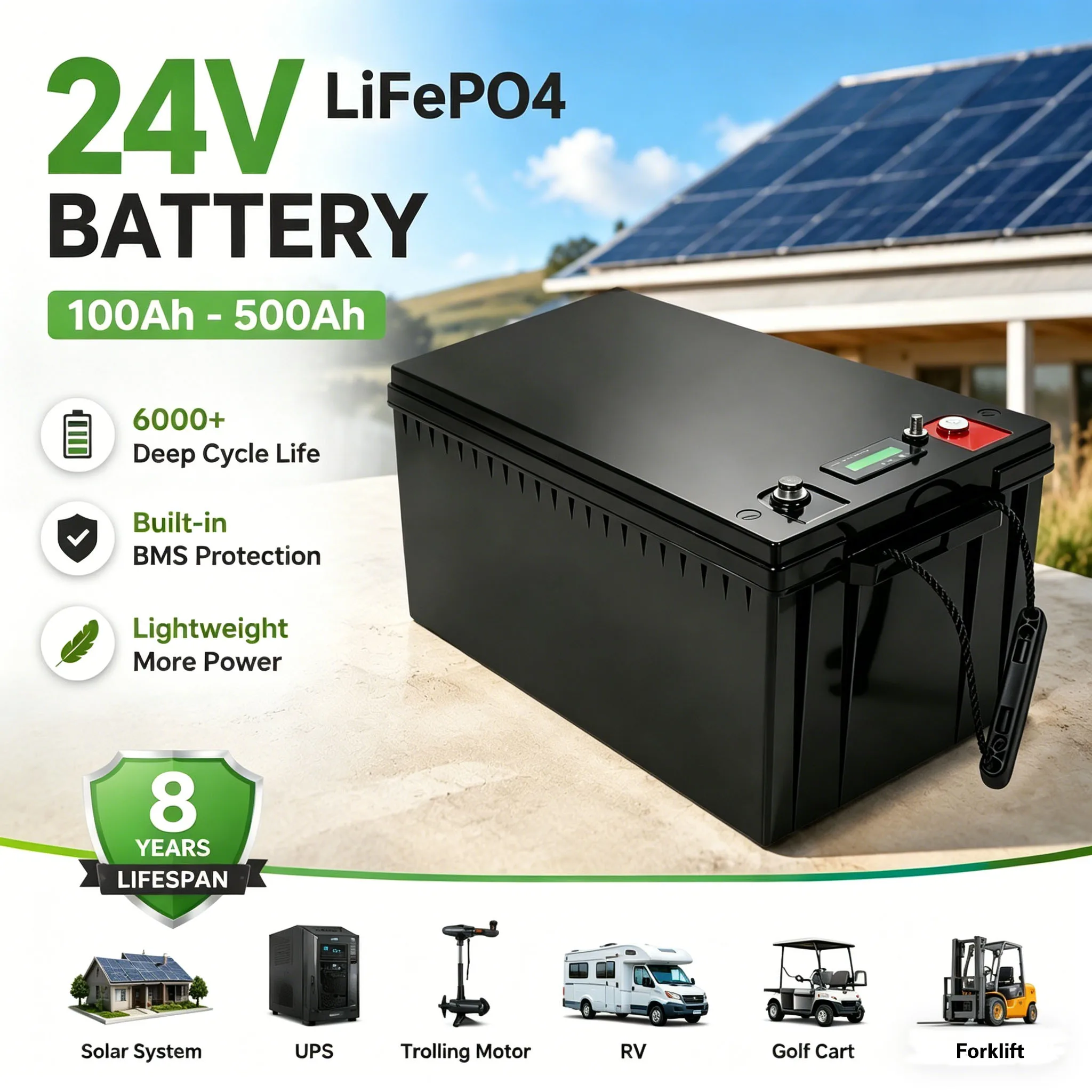 EM 24V 200ah Lifepo4 Battery 100Ah 150Ah 250Ah 300Ah 350Ah 400Ah 500Ah Rechargeable for 2000W Solar System UPS Trolling Motor RV