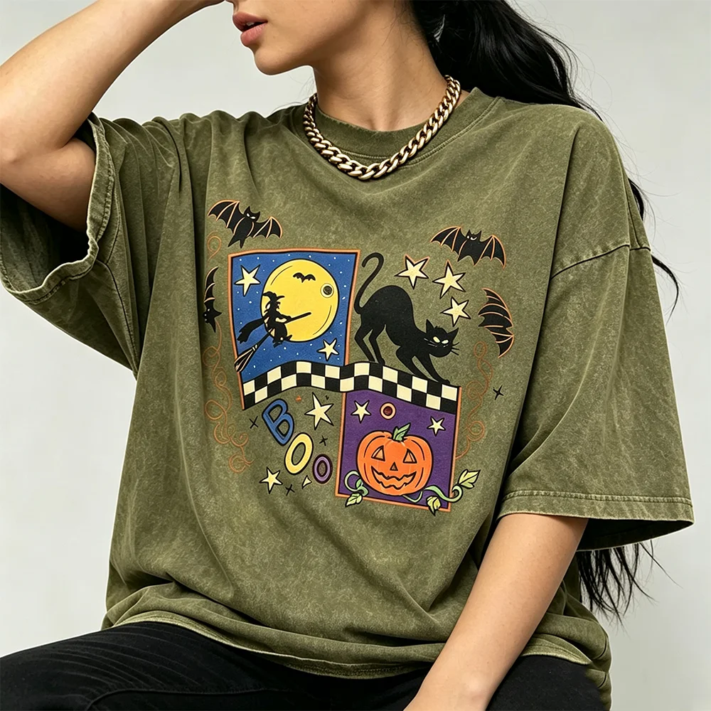 Vintage Washed Halloween Graphic T-shirt Unisex Black Cat Witch Pumpkin Bat Print Short Sleeve Retro Casual Cotton Tee Tops