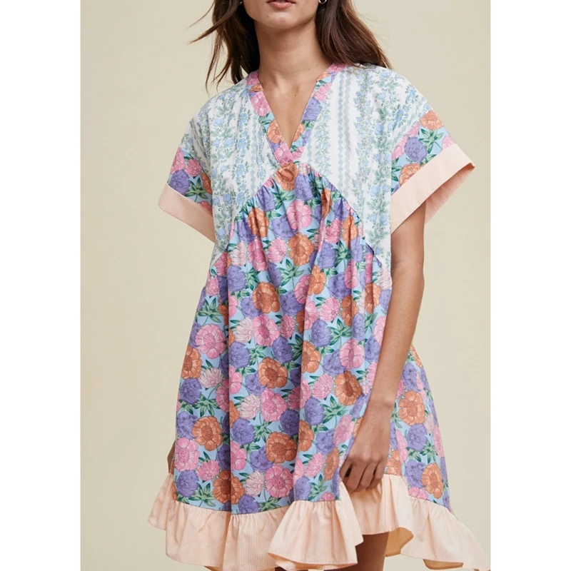 Combhasaki ผู้หญิงฤดูร้อน Boho Vintage Floral พิมพ์ Contrast สี Batwing แขนสั้น V คอ Ruffle Hem หลวมชุดมินิสั้น