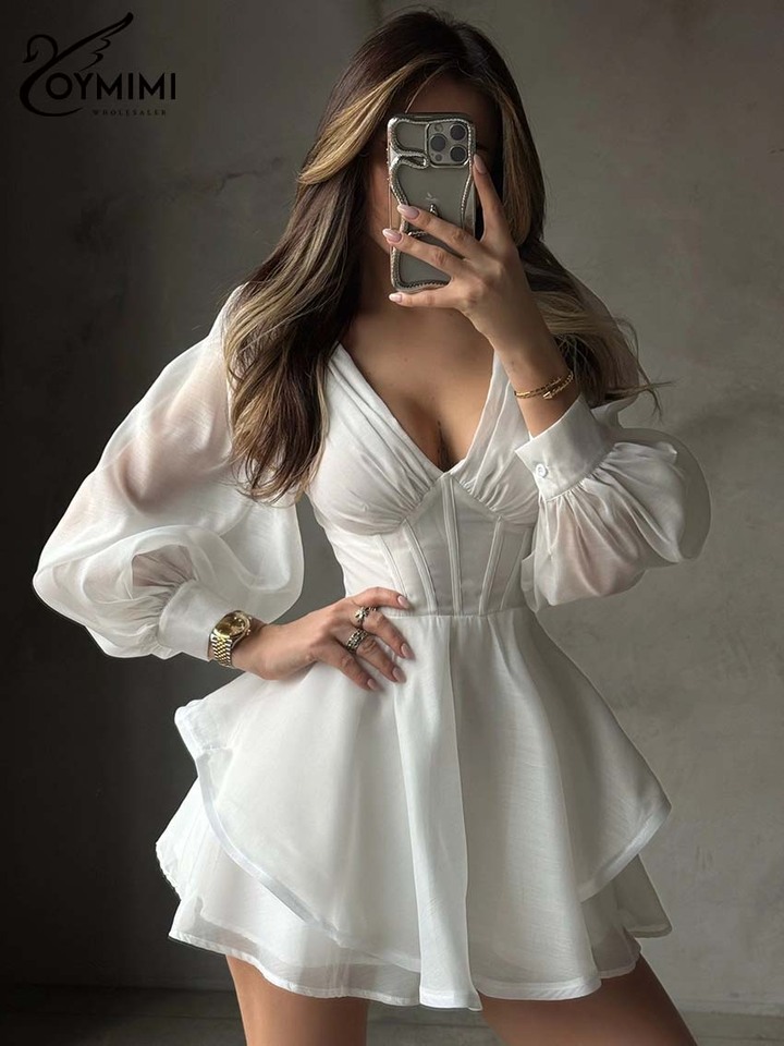  Oymimi Women's White Mini Dress 2026 Spring Deep V-Neck Puff Sleeve Corset Tiered Ruffle Sheer Casual Party Fashion Trendy Wear 
