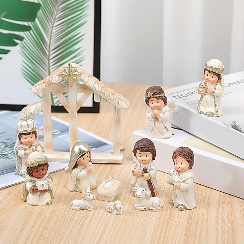 Miniature Kids Nativity Scene Christmas Indoor Scene Statue Figurines Jesus Manger Crib Ornament 12X Christmas Nativity Scene
