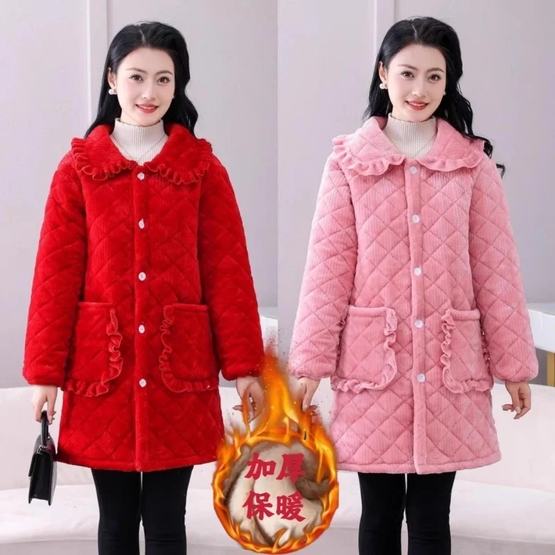 Women's 2025 New Warm Cotton Coat Jacket Three-Layer Winter Thickened Velvet Home Clothes Outerwear Sweet With Pockets w1027
