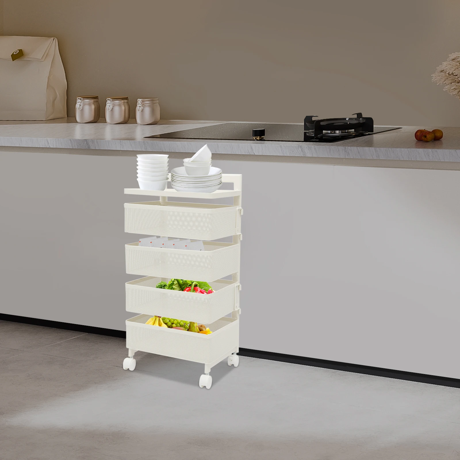 

4-х уровневая вращающаяся кухонная полка для хранения, 360° ° Поворотная тележка-органайзер с запираемыми колесами, столешница, полка для специй и кладки для стойки