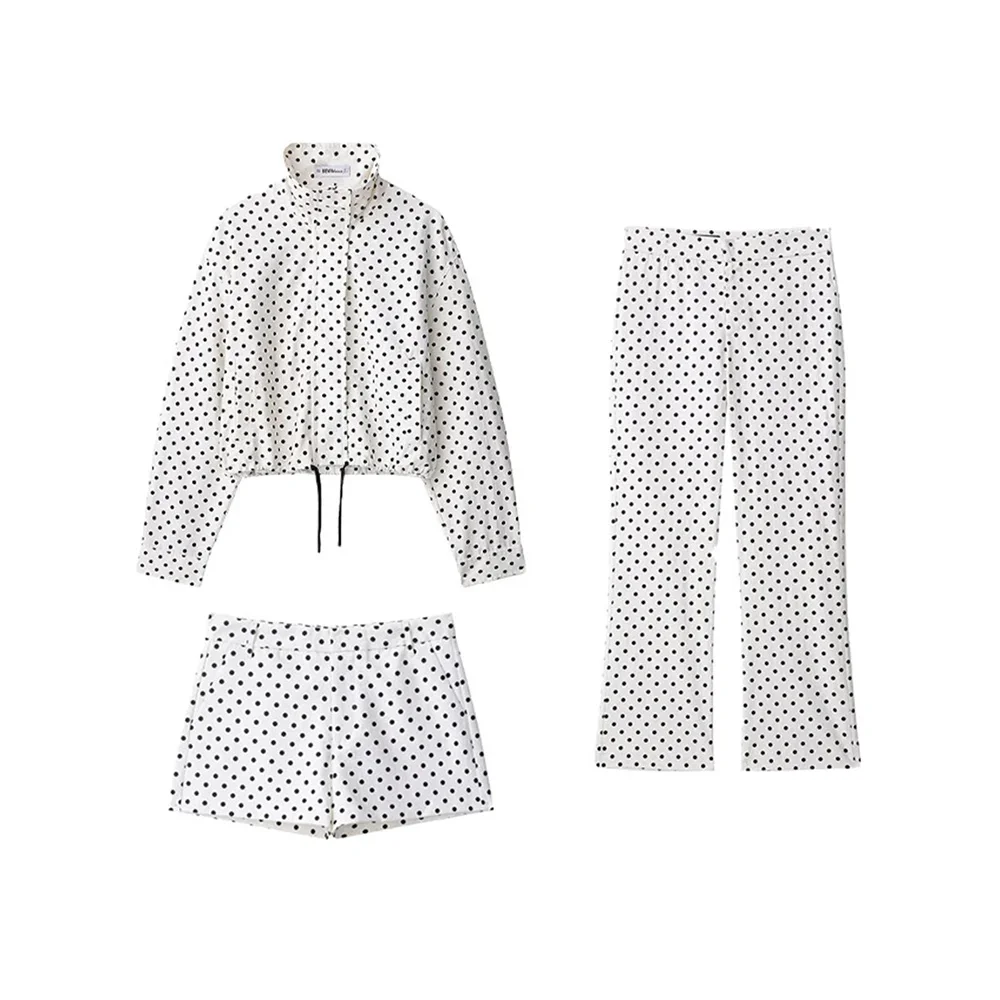 Ensemble Chic pour femmes, short imprimé à pois, manteaux, costumes pour femmes, ample, col haut, manches longues, fermeture éclair, cordon de serrage, nouvelle collection automne 2025