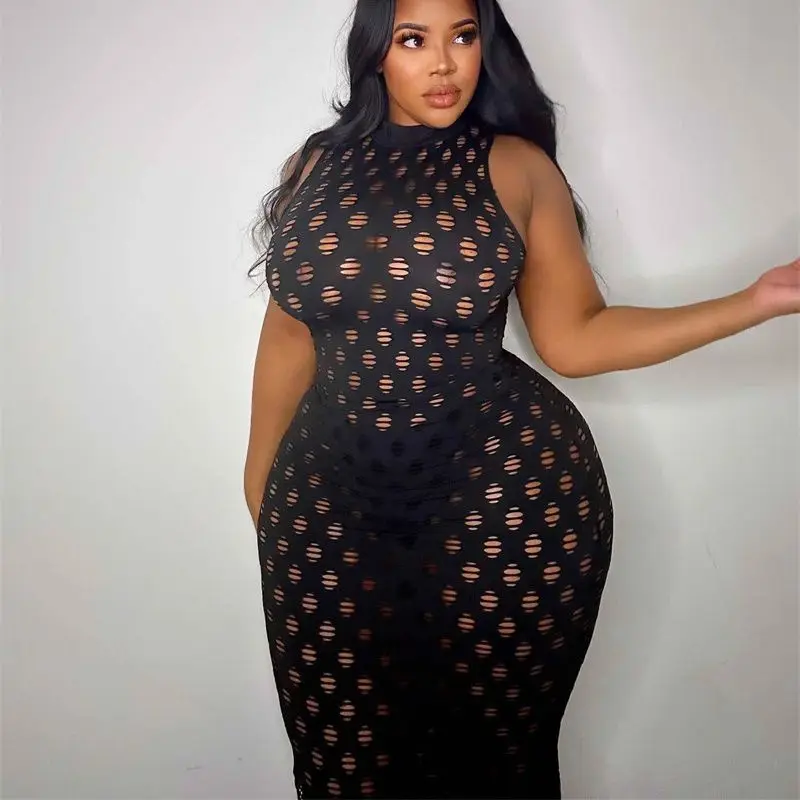 Black O Neck Sleeveless Bodycon Women Dress Sexy See Through Hollow Out Fishnet Vestidos Summer Party Nightclub Dress XL-5XL