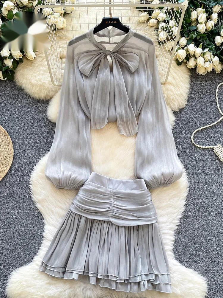 

Office Lady Chiffon Suits French Style Lace Up Bow Tops+Mini Draped Skirts Spring High Quality Flowy Classy 2Pcs Sets