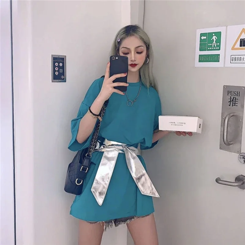 

High Street Solid Simplicity T Shirts Women Clothing Short Sleeve O-neck Loose Lazy Style Tops Summer New Fashion Casual Korean