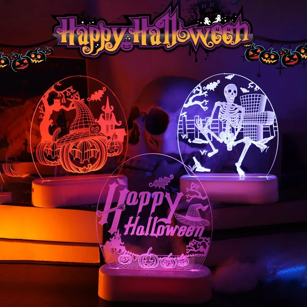 Halloween Night Light Colorful Pumpkin Skull 3D Illusion Desk Lamp Ornaments For Halloween Party Gifts Decorations