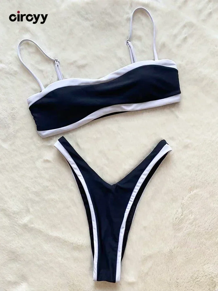 Circyy Swimsuit Women Block Color Bikini Set Black White Panelled Beachwear Two-piece 2025 Summer Thong Bather Sexy Bathing Suit