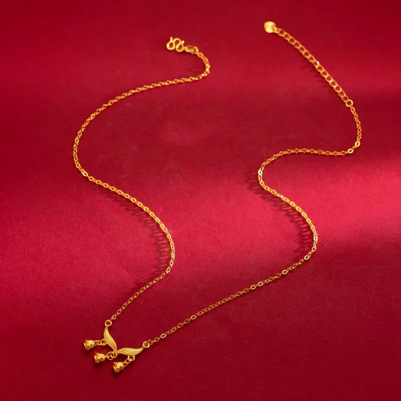 

9999 Real Gold 24K Fashion Versatile Elegant Pure Lily Valley Flower Set Chain Beautiful Swaying Collarbone Necklace Female