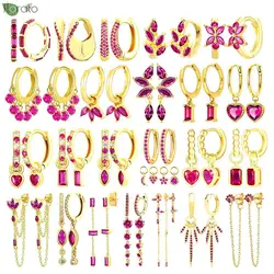 925 Sterling Silver Needle Elegant Rose Red Zircon Round Pendant Earrings Fashion Small Hoop Earrings for Women Luxury Jewelry