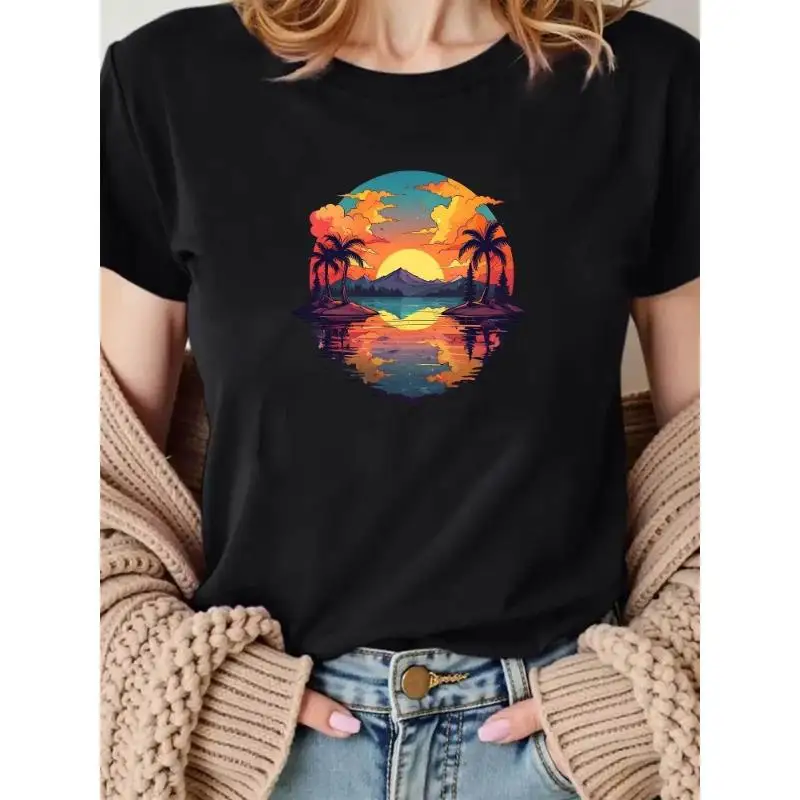 

Women's Tropical Sunset Palm Tree T-Shirt Summer Beach Vacation Graphic Tee Casual Holiday Travel Short Sleeve Top