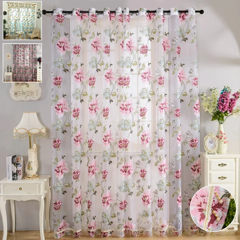 

Purple Peony Floral Pattern Sheer Curtain Light Transmission Door Window Curtain Room Divider Valance Decor Rideaux De Fenêtre