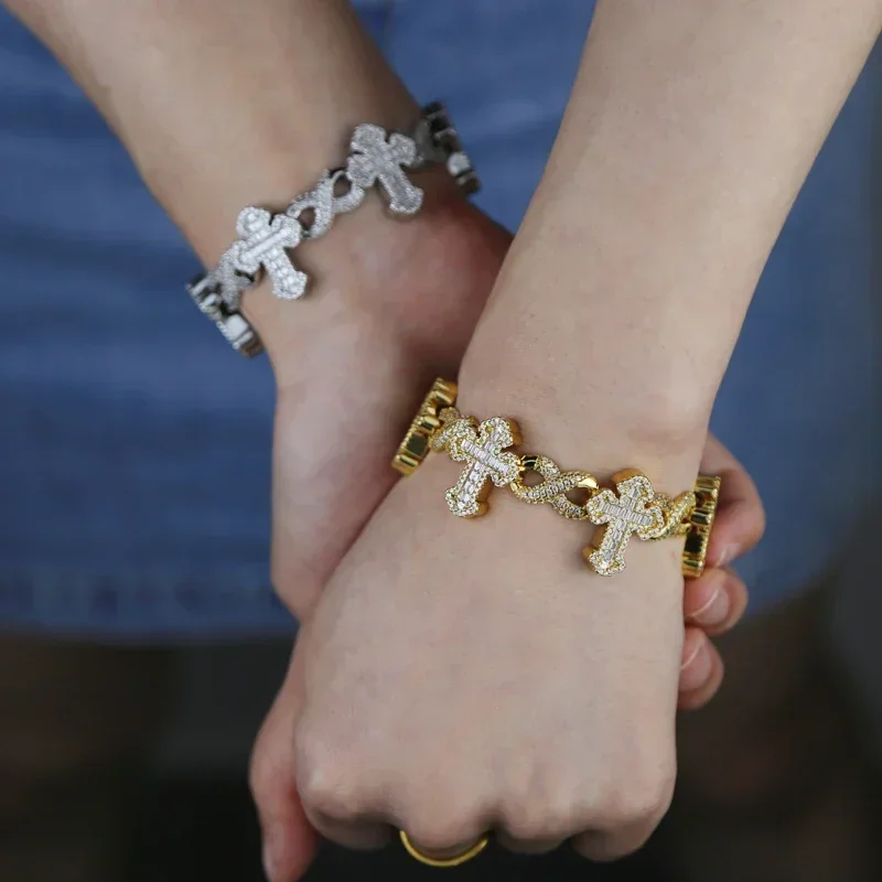 2025 New Men Boy Hip Hop Jewelry Iced Out Bling 5A CZ Multi Cross Charm X Shape Cuban Chain Charm Bracelet Gifts