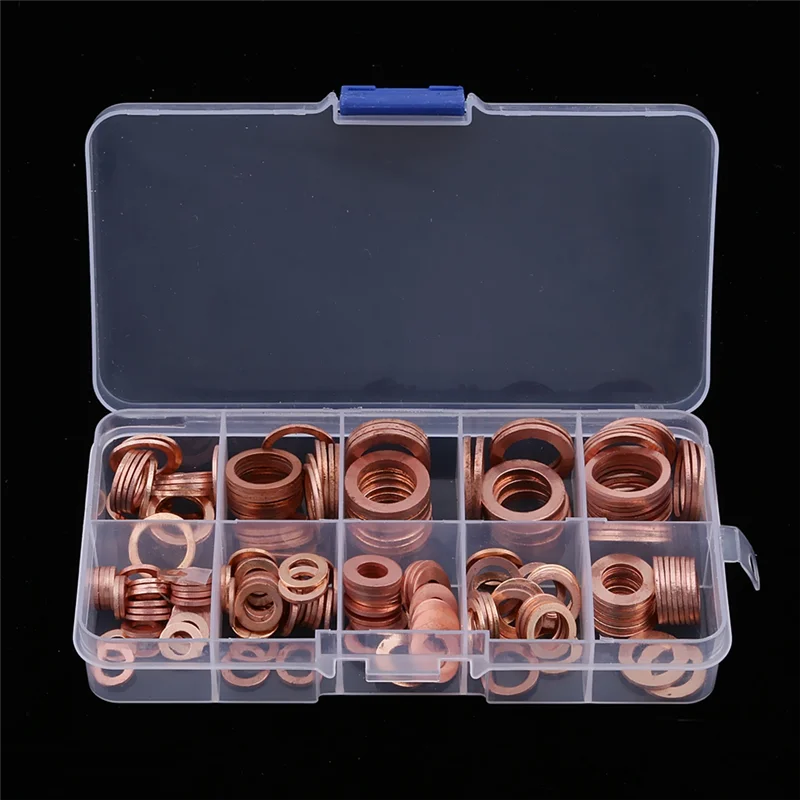 HITL 200 pièces rondelle en cuivre joint écrou boulon ensemble plat joint torique joint solide assortiment Kit voiture moteur huile joint bouchon