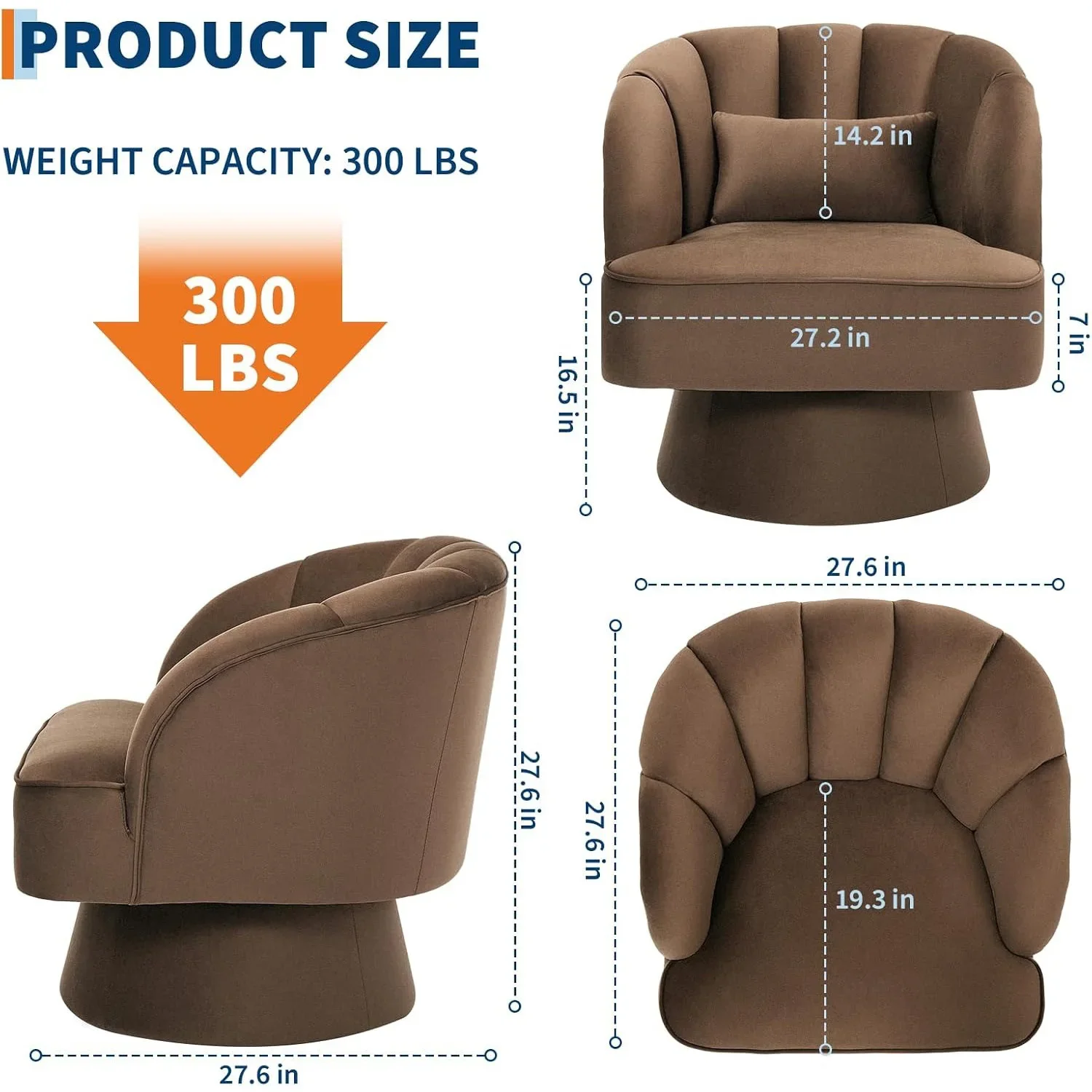 360 Degree Swivel Accent Chair with Striped Open Back Lumbar Pillow Plush High Density Foam Cushion Padded Armrests 350 LB Capacity Round Chair for Living Room Bedroom Home Office Velvet Corduroy PU Options