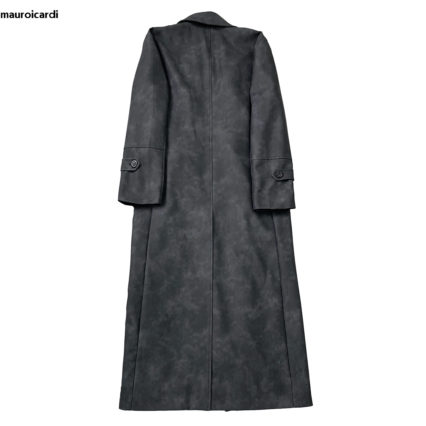 

Nerazzurri Men's Retro Long Double-Row Button PU Leather Jaet Faionable Urban Sle Autumn Outerwear Straight Cut Design