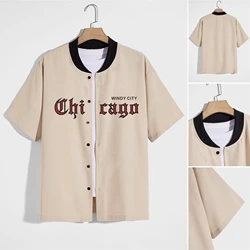 Men's Baseball Uniform Khaki Short Sleeve Letter Chicago Print Baseball Shirt Casual Street Hip Hop Shirt Top