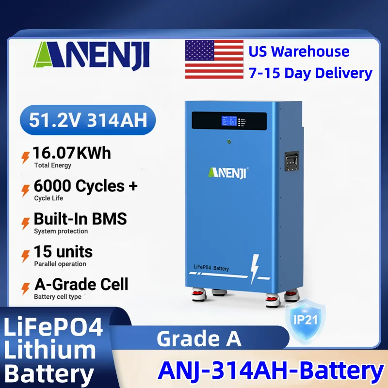 

ANENJI 16Kwh 51.2V 314Ah Powerful LiFePO4 Lithium Battery 6000 Cycles 48V For Home PV Solar Inverter Off/On Grid Built-in BMS