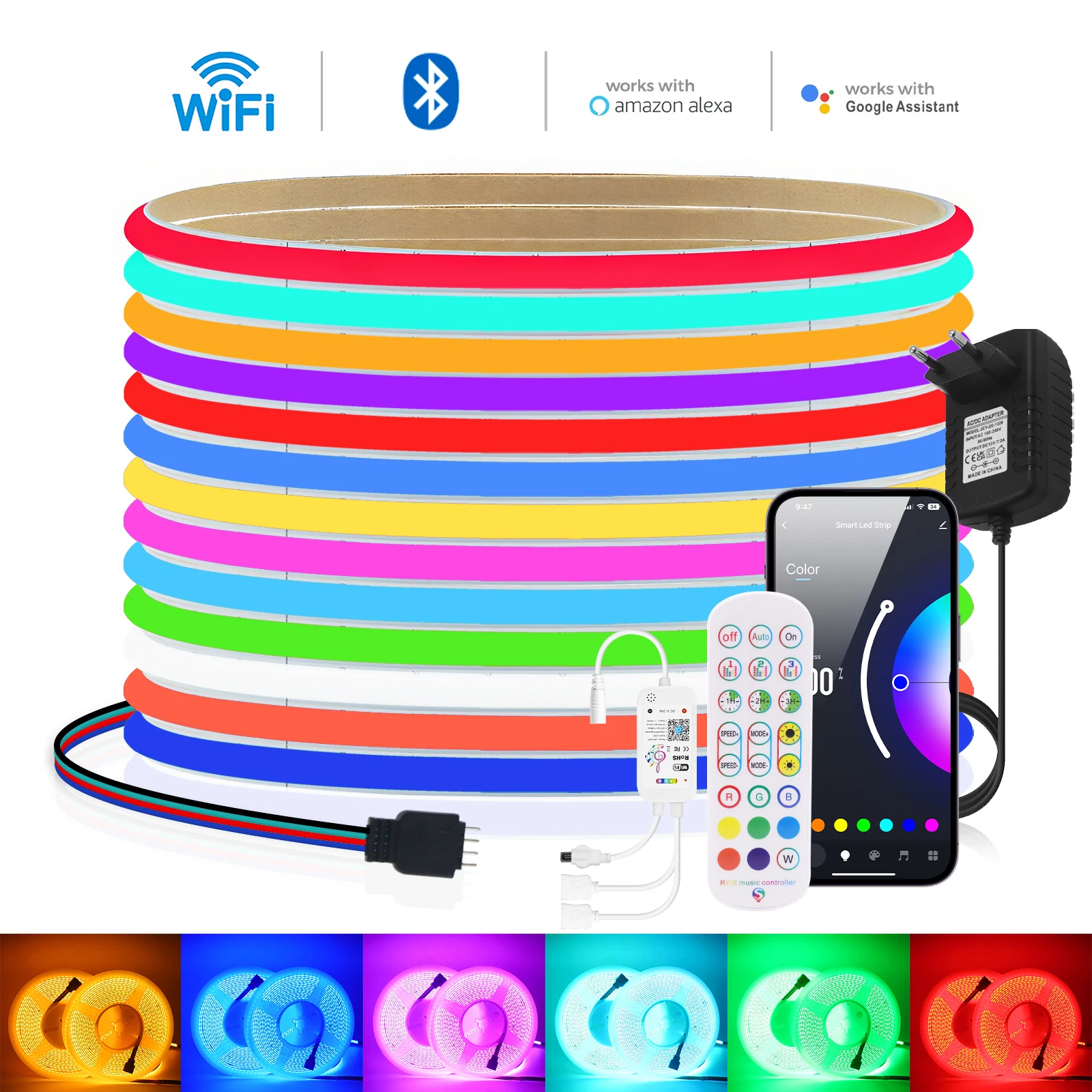 

5 мм Wi-Fi RGB COB светодиодная лента 12 В 24 В Bluetooth/ИК пульт дистанционного управления гибкая светодиодная лента высокая яркость 576 светодиодов/м лента веревка световой декор