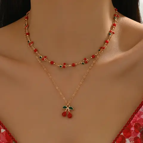 Double Layer Cherry Pendant Choker Necklace for Women Gold Beaded Chain Sweet Fruit Collar Necklace Casual Fashion Jewelry Gift