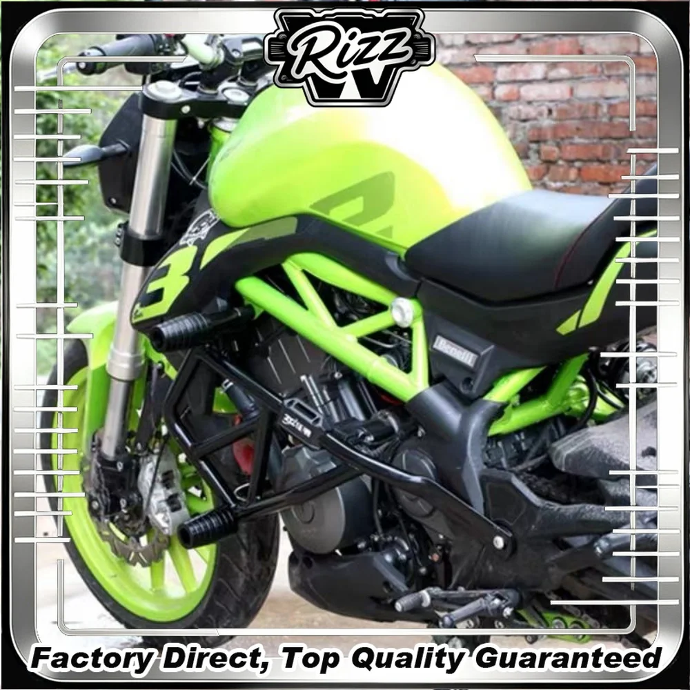For Benelli TNT300/BN302S, the modification includes the addition of an accessory bumper, front guardrail and anti-drop bar.