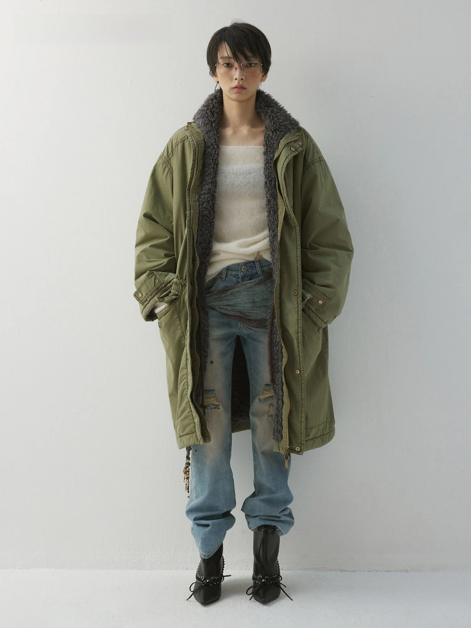 VERMO Vintage Washed Double-Sided Wear Thickened Medium-Length Windproof Parka Coat Cotton Street Style High Collar Zipper Cl...