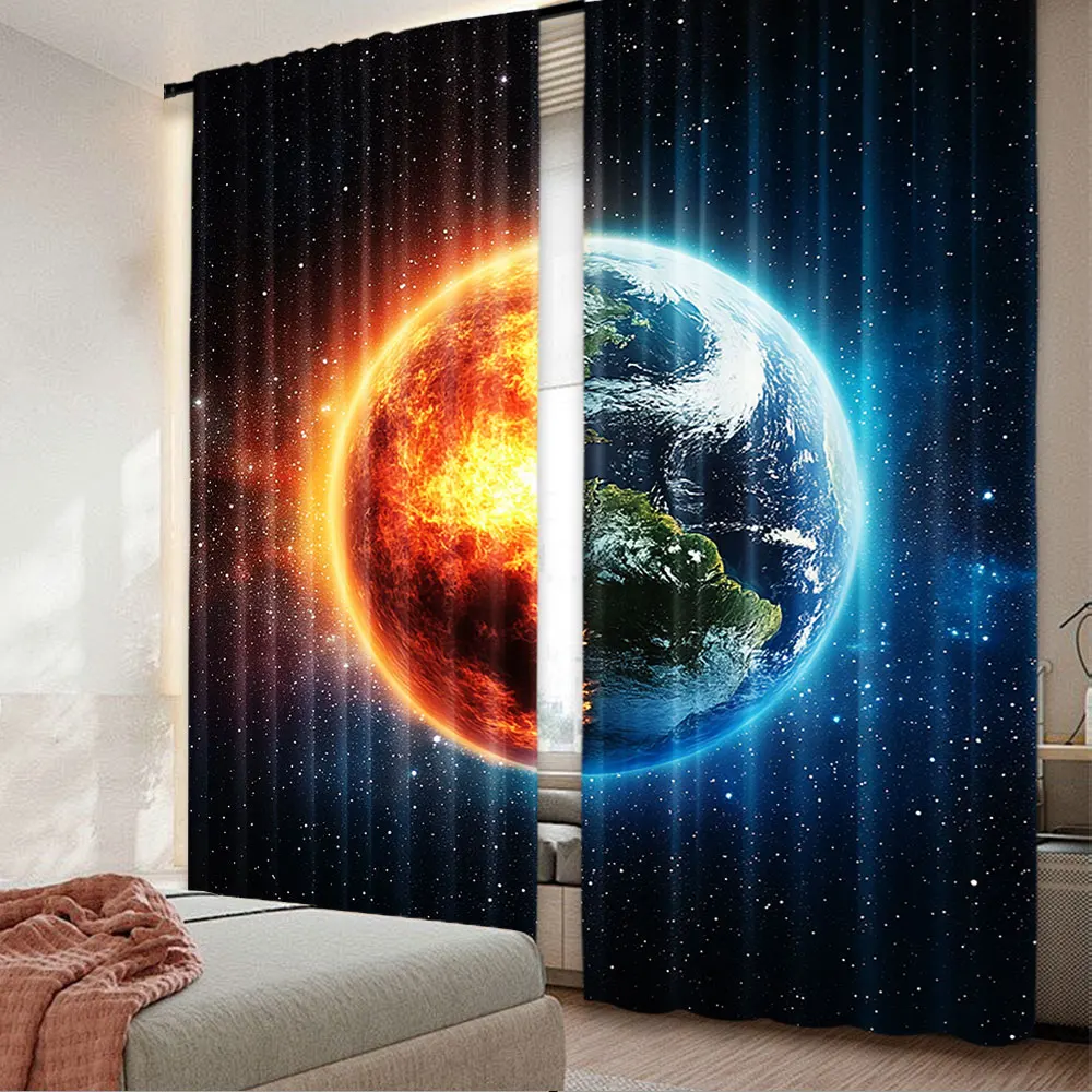 2Pcs Outer Space Curtains Planet Earth In Sun Rays Elements Astronomy Atmosphere Sky Satellite Moon Living Room Bedroom Window