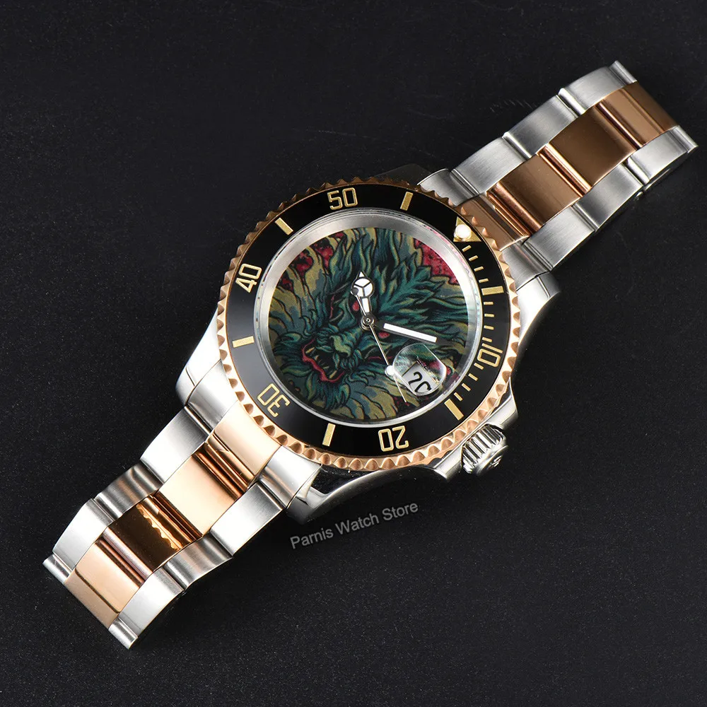 Parnis 41mm Automatic Movement Date Window Men Custom Drawing Watch Stainless Steel with Rose Gold