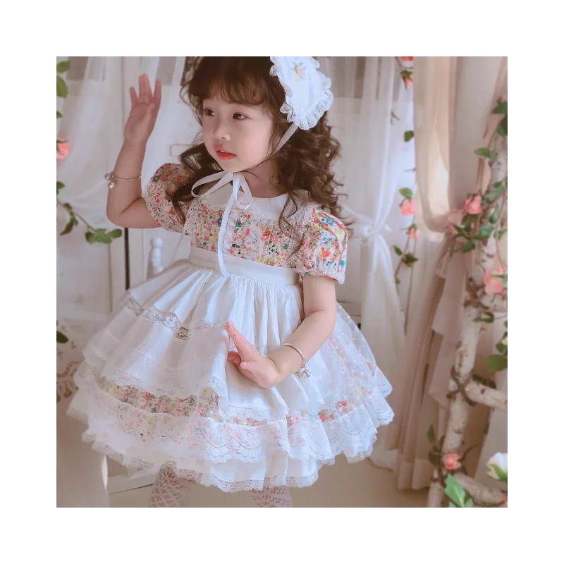 

Lolita Princess Puff Dress for Girls Floral Lace Tutu Baby Girl First Birthday Ball Gown Peter Pan Collar Party Dresses+Hairband