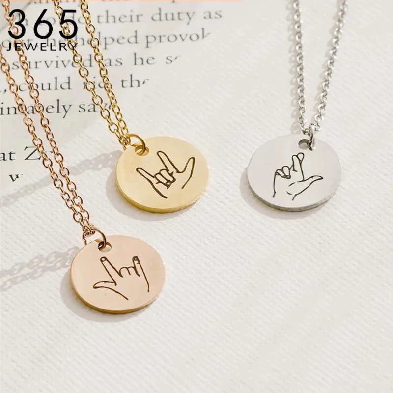 Custom Stainless Steel Gold Color Hand Gestures of Love Sign Round Pendant Necklace For Women Engrave DIY Jewelry Gift