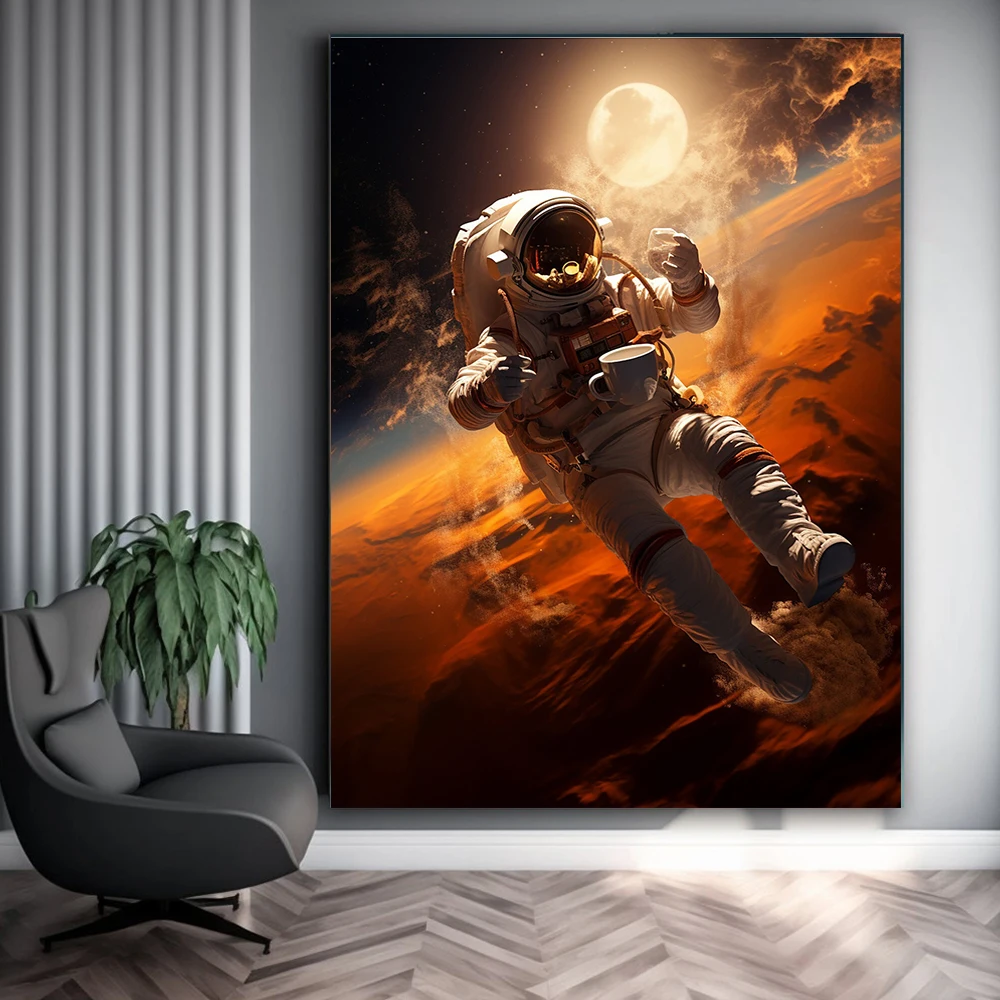 

Space Astronaut Drink Coffee Fire Cloud Background Art Posters Prints Sci-Fi Canvas Painting Wall Living Room Bedroom Home Decor