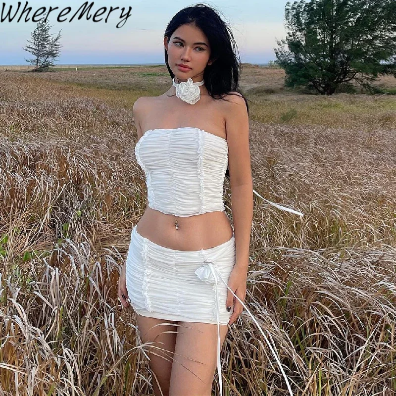 

WhereMery Sexy Solid Women 2 Piece Set Ruched Backless Tank Top With 3d Floral Bodycon Elastic Mini Skirt Party Clubwear Outfits