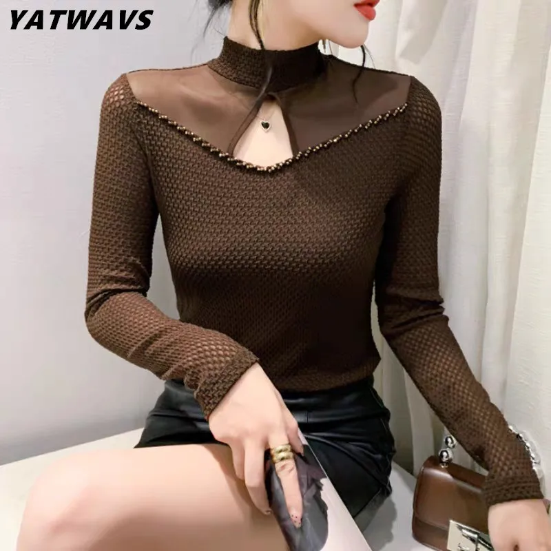 

Autumn New Turtleneck Long Sleeve Women T-Shirt Fashion Sexy Hollow Out Handmade Beading Tees Female Casual Slim Tops Blouse