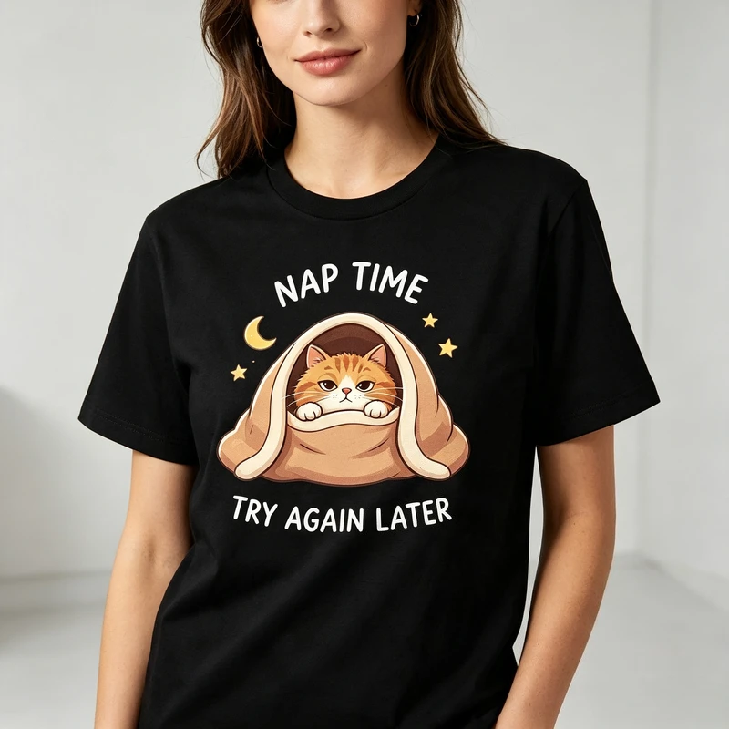 Sleepy Cat Nap Time T Shirt Funny Cat Hide in Blanket Graphic Print Breathable Cotton Short Sleeve Casual Top for Men Women