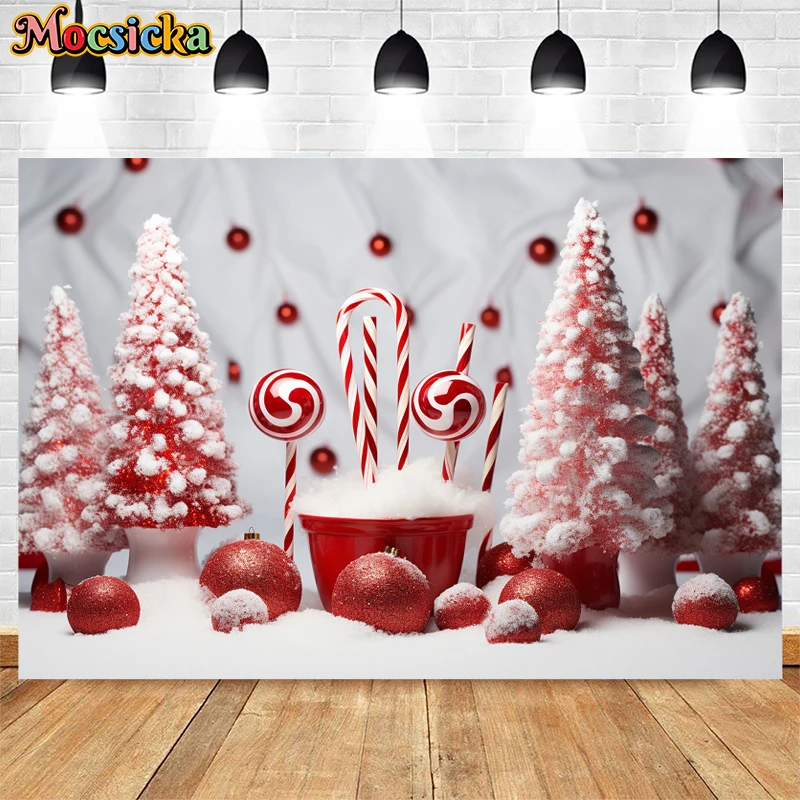 Mocsicka Winter Xmas Backdrop Snowy Christmas Tree Candy Decor Children Portrait Birthday Party Studio Photography Background