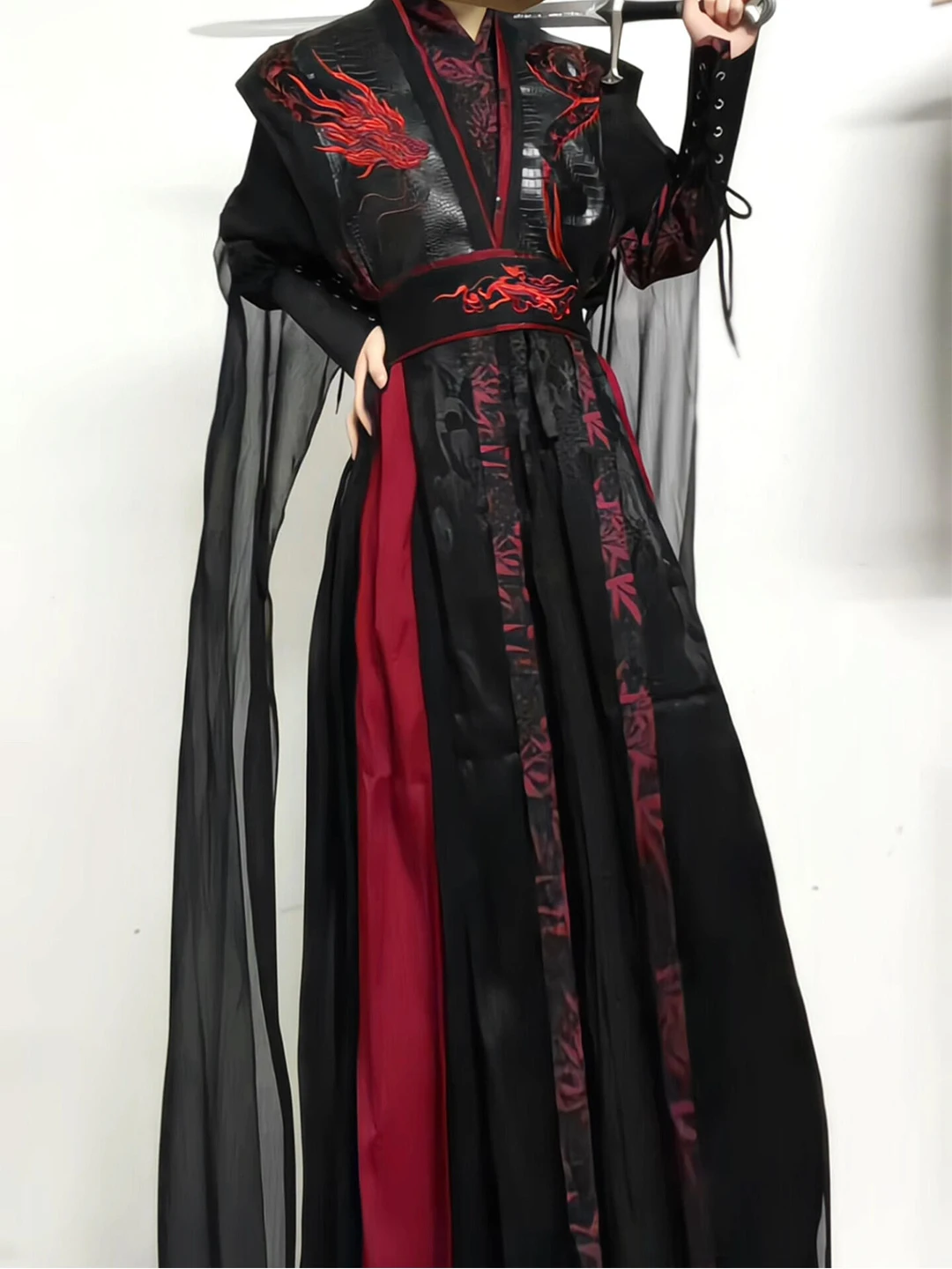 Black Red Slim Fit Mandarin Collar Hanfu Costume for Men And Women Martial Arts Hero Style Long Shirt Cosplay Traditional Chi...